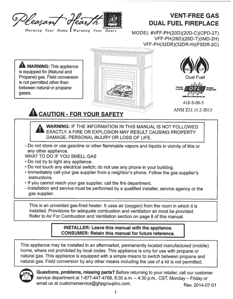pleasant hearth VFF-PH20D installation manual
