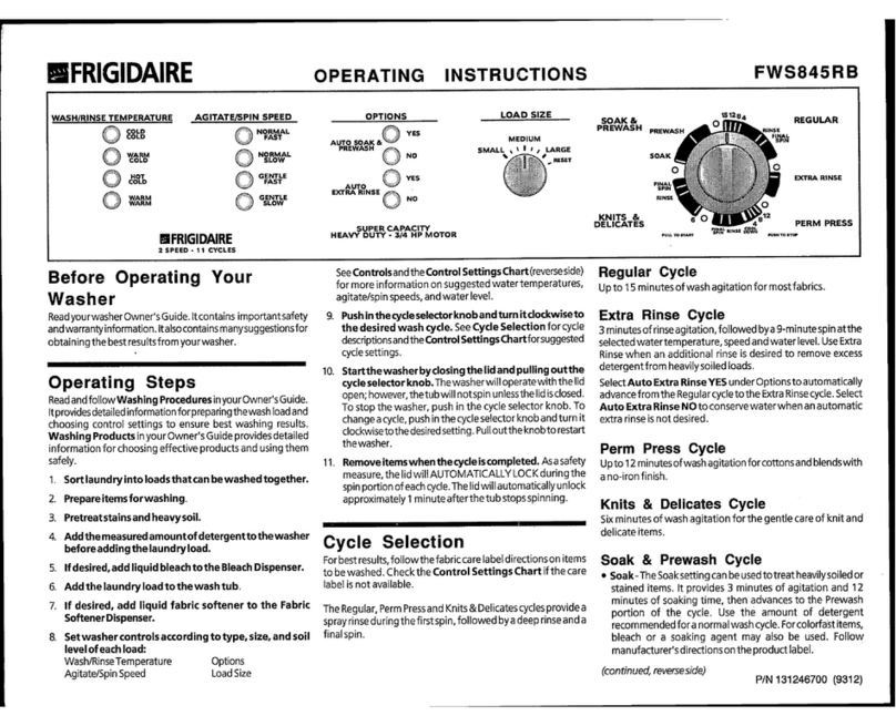 Frigidaire FWS845RB operating instructions