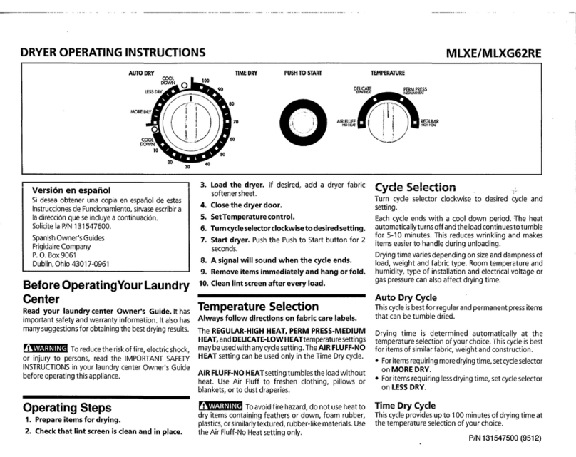 Frigidaire MLXE62RE operating instructions