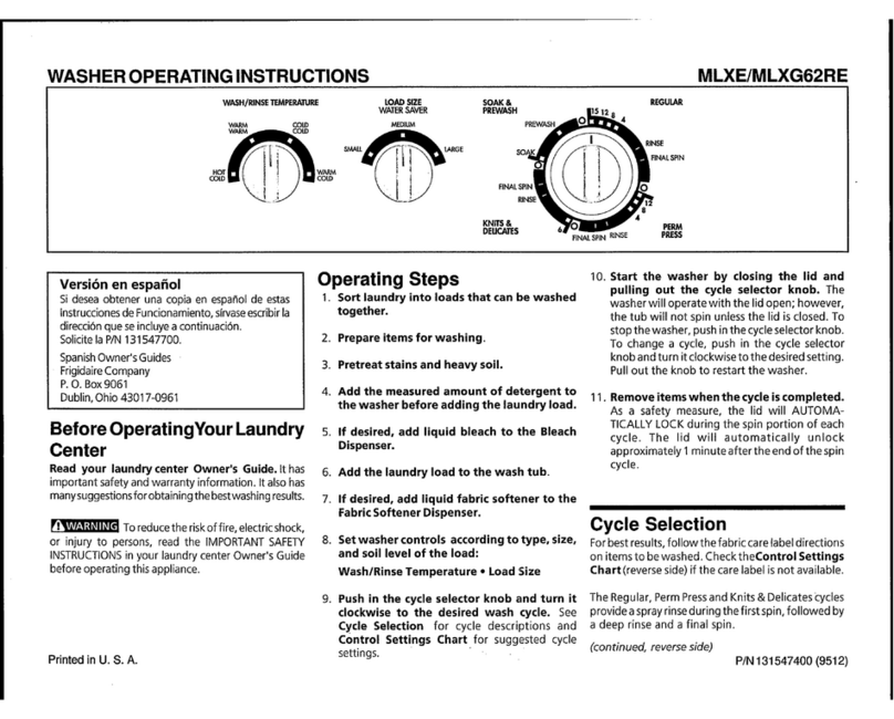 Frigidaire MLXE62RE operating instructions