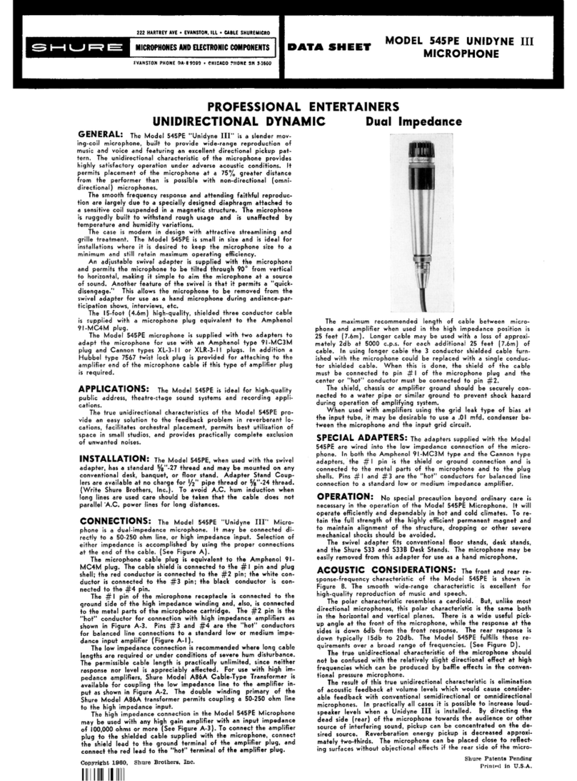 Shure Unidyne III 545PE datasheet