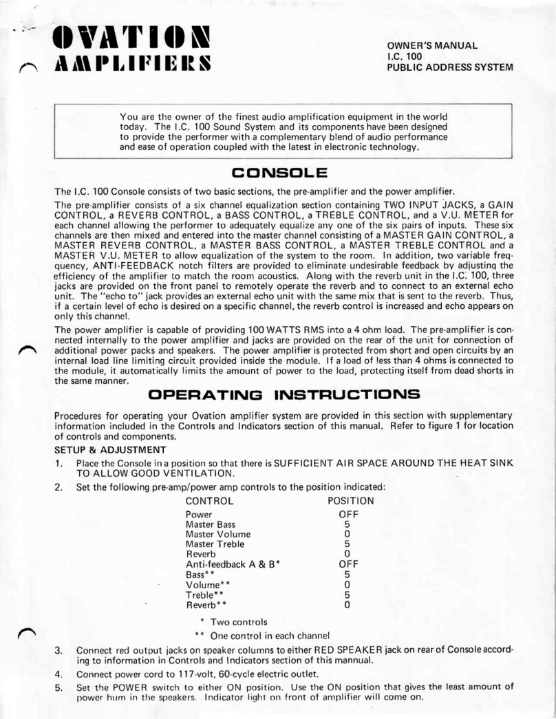 Ovation I.C. 100 owner's manual