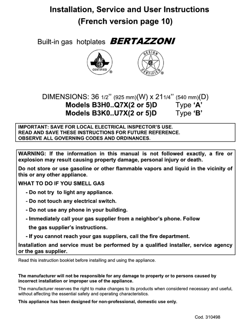 Bertazzoni B3H0..Q7X2D Type A Installation, service and user instructions