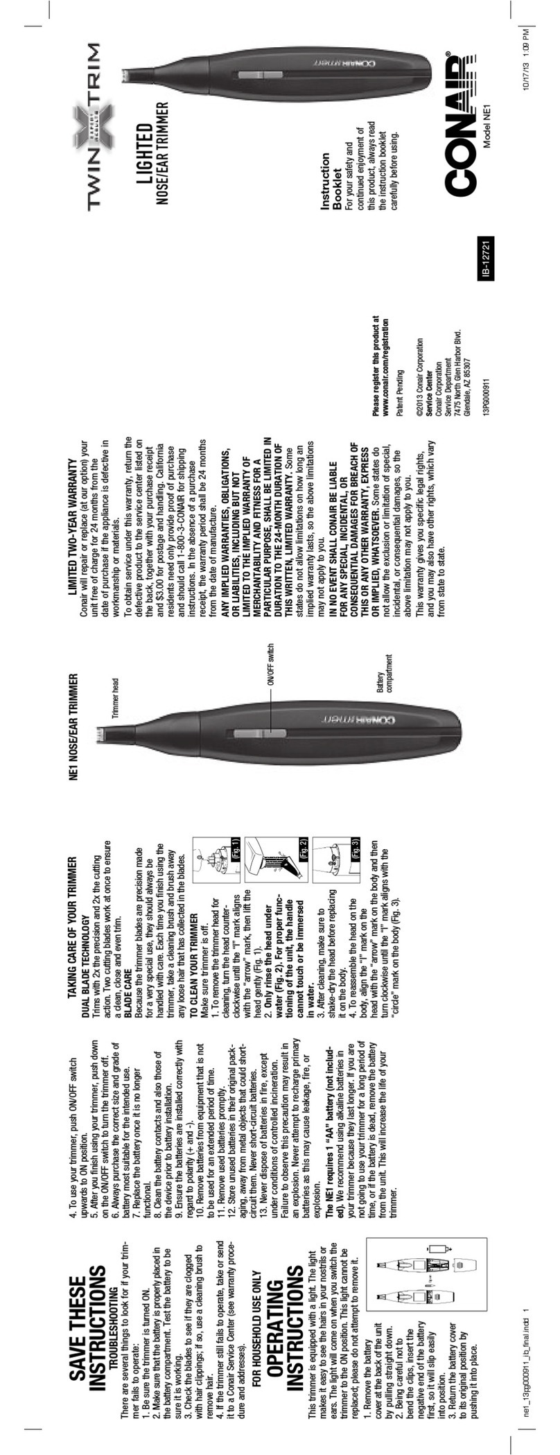 Conair twinXtrim NE1 Instruction booklet