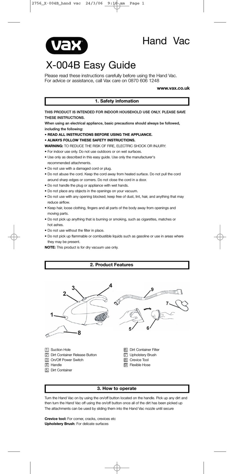 Vax X-004B Product information sheet