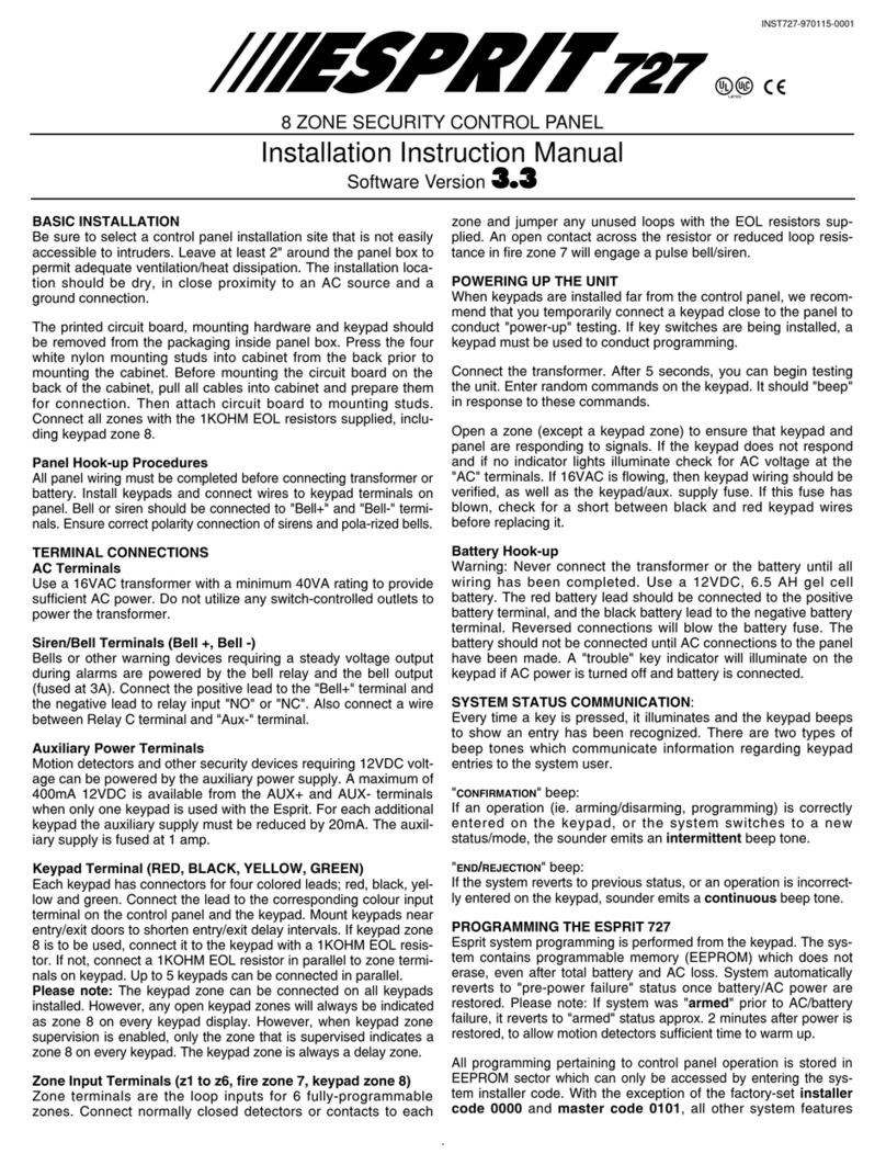 Paradox Esprit 727 Installation instructions manual