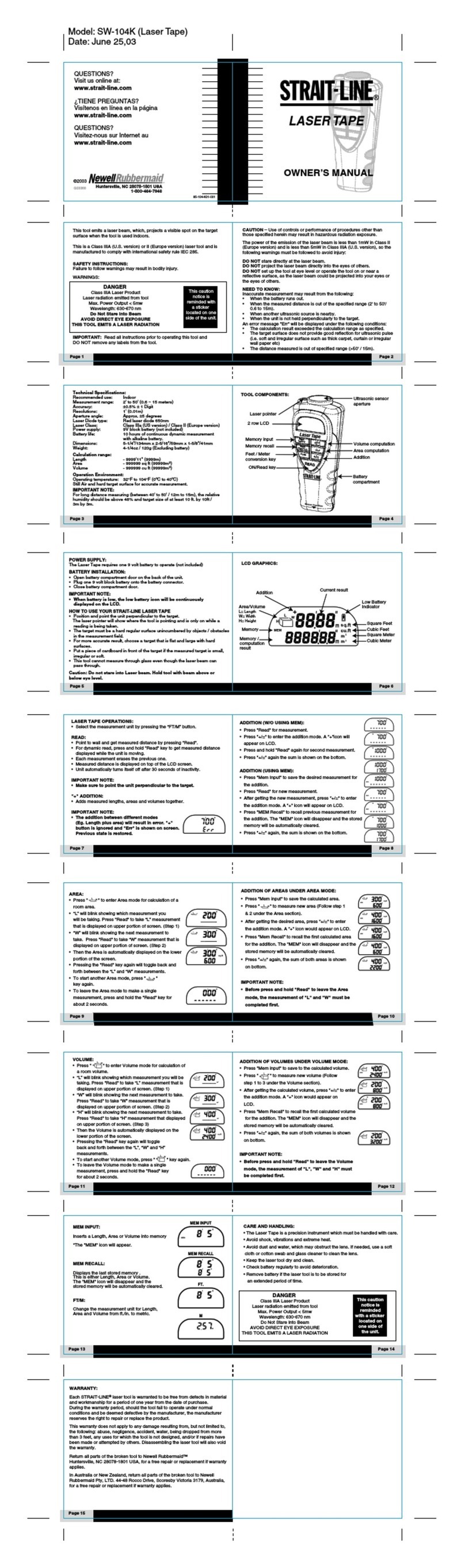 Strait-line LASER TAPE SW-104K owner's manual