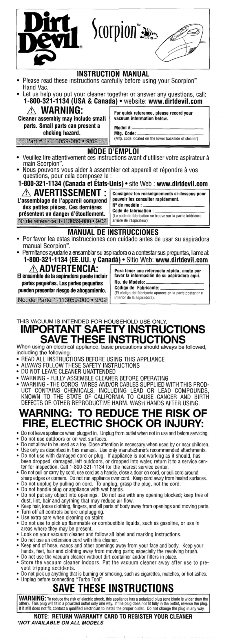 Dirt Devil M08210 Scorpion User manual
