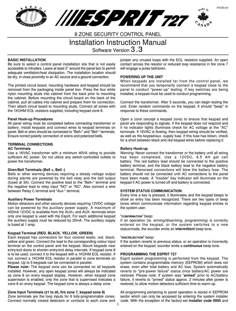 Paradox Esprit 727 Installation instructions manual