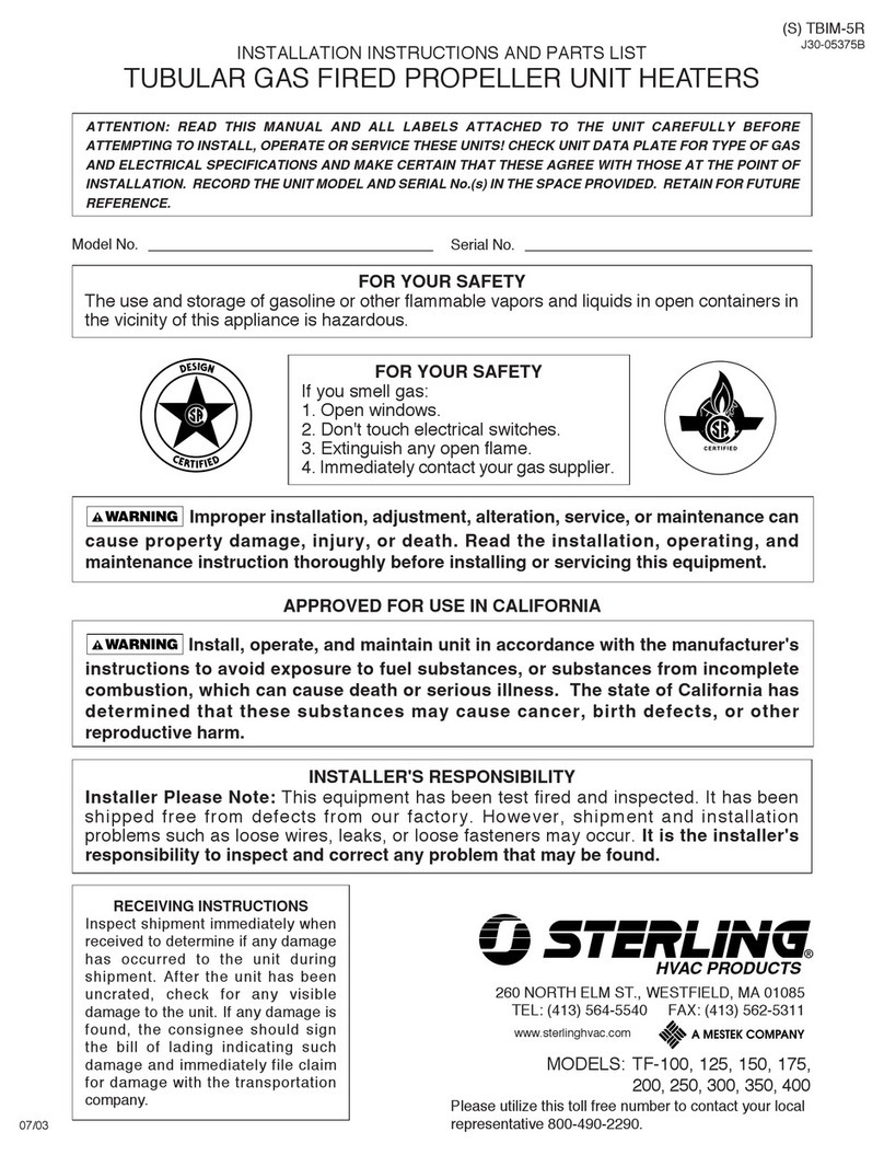 Sterling TUBULAR GAS FIRED PROPELLER UNIT HEATERS Installation instructions and parts list Sterling TUBULAR GAS FIRED PROPELLER UNIT HEATERS Installation instructions and parts list