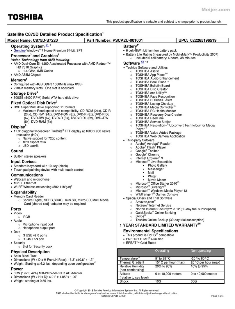 Toshiba Satellite C875D specification