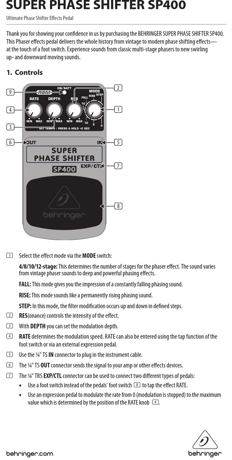 Behringer SUPER PHASE SHIFTER SP400 User manual