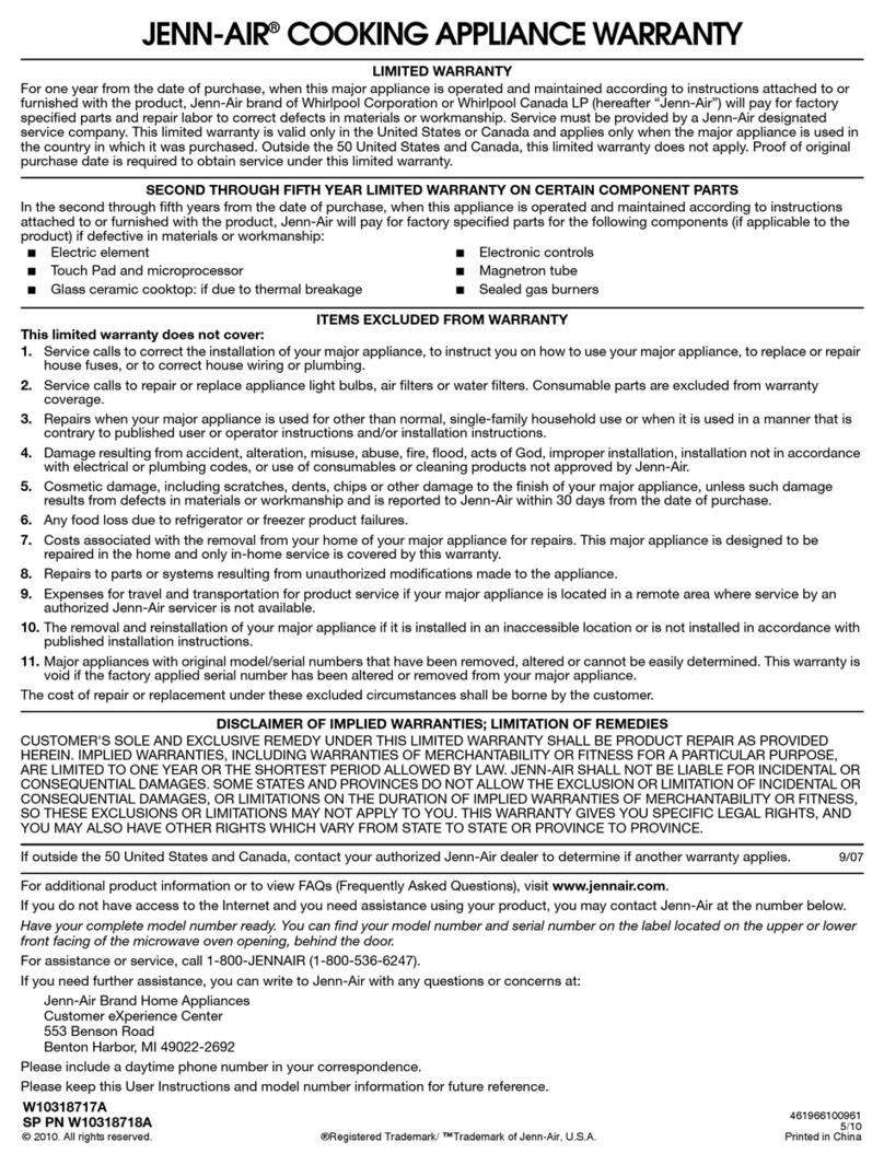 Jenn-Air JMV8208WS Limited warranty