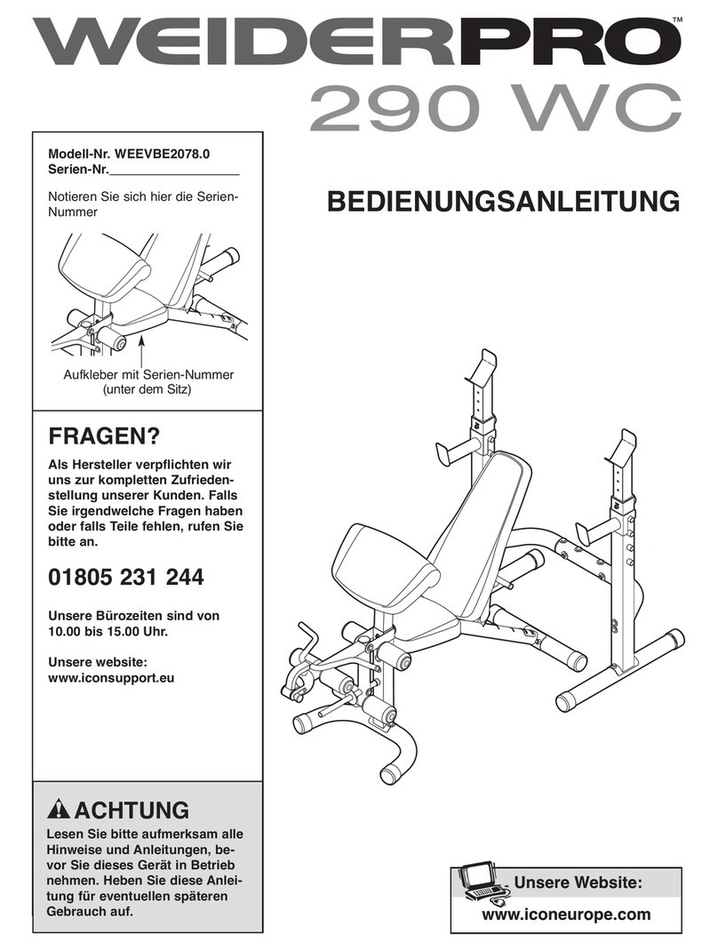 Weider Pro 290 wc bench Quick start guide