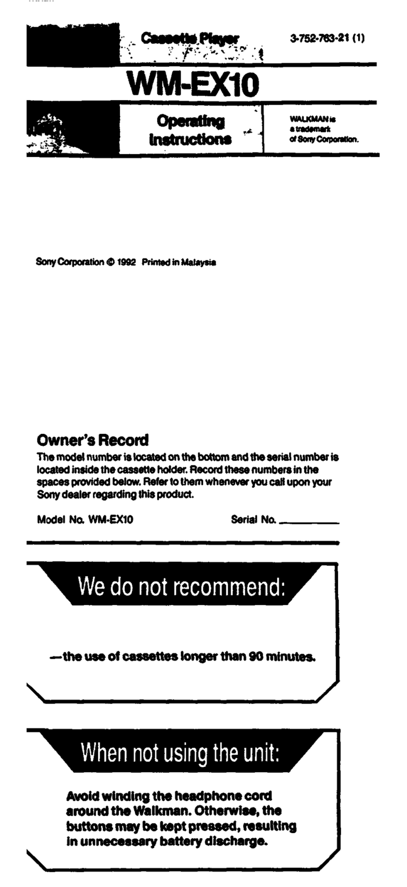 Sony WM-EX10 User manual