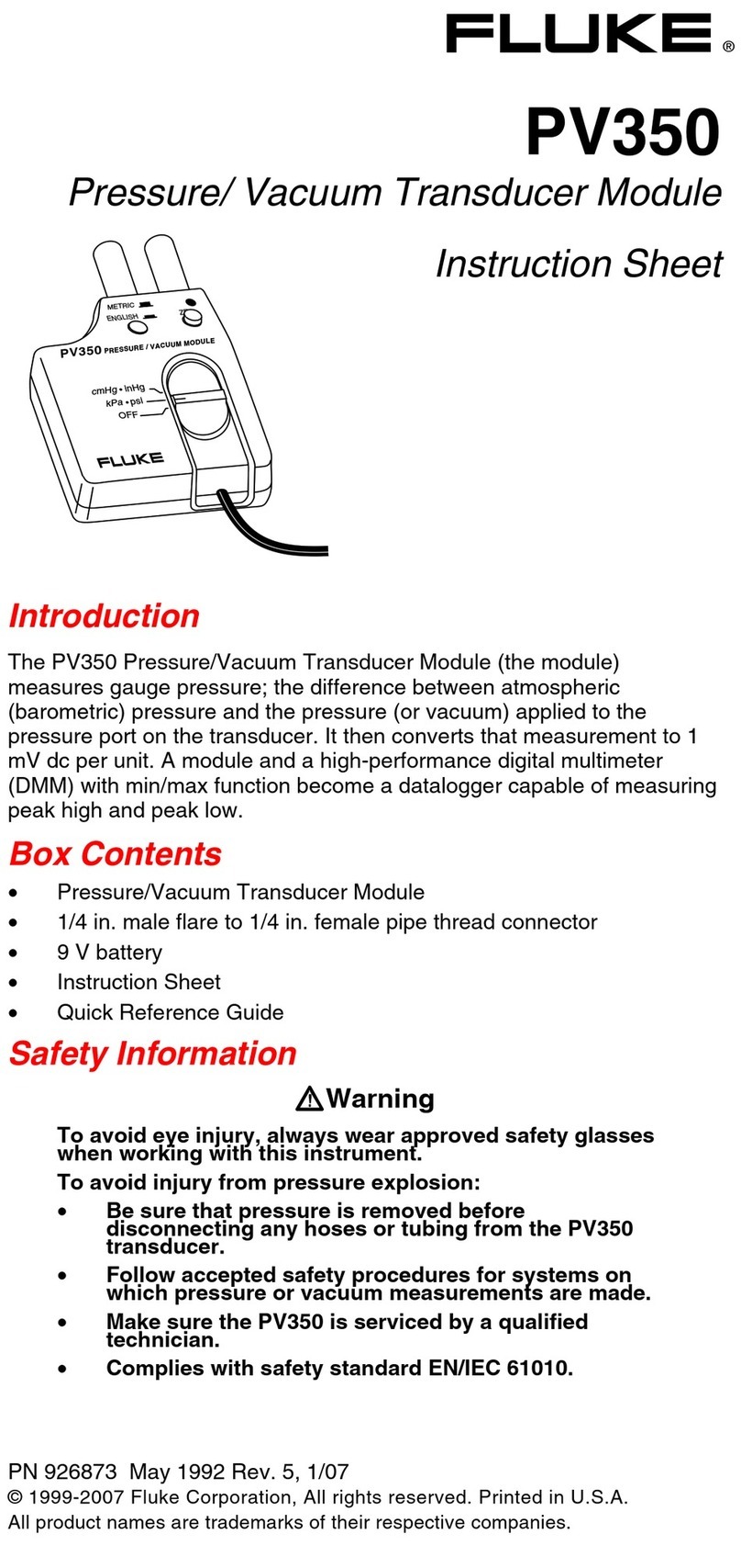 Fluke PV350 instruction sheet