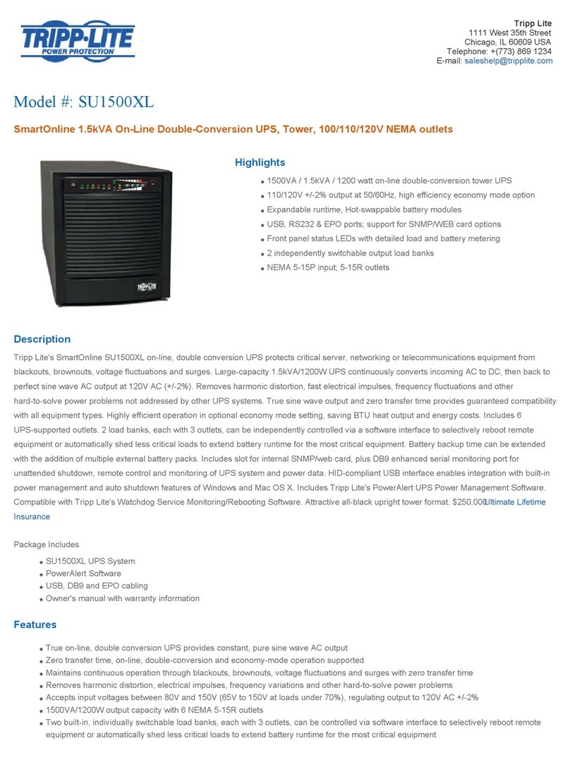Tripp Lite SmartOnline SU1500XL Specifications Tripp Lite SmartOnline SU1500XL Specifications