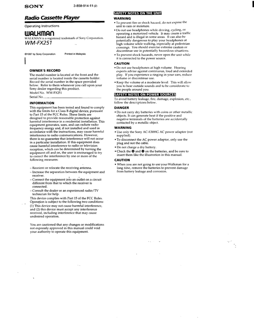 Sony Walkman WM-FX251 User manual Sony Walkman WM-FX251 User manual