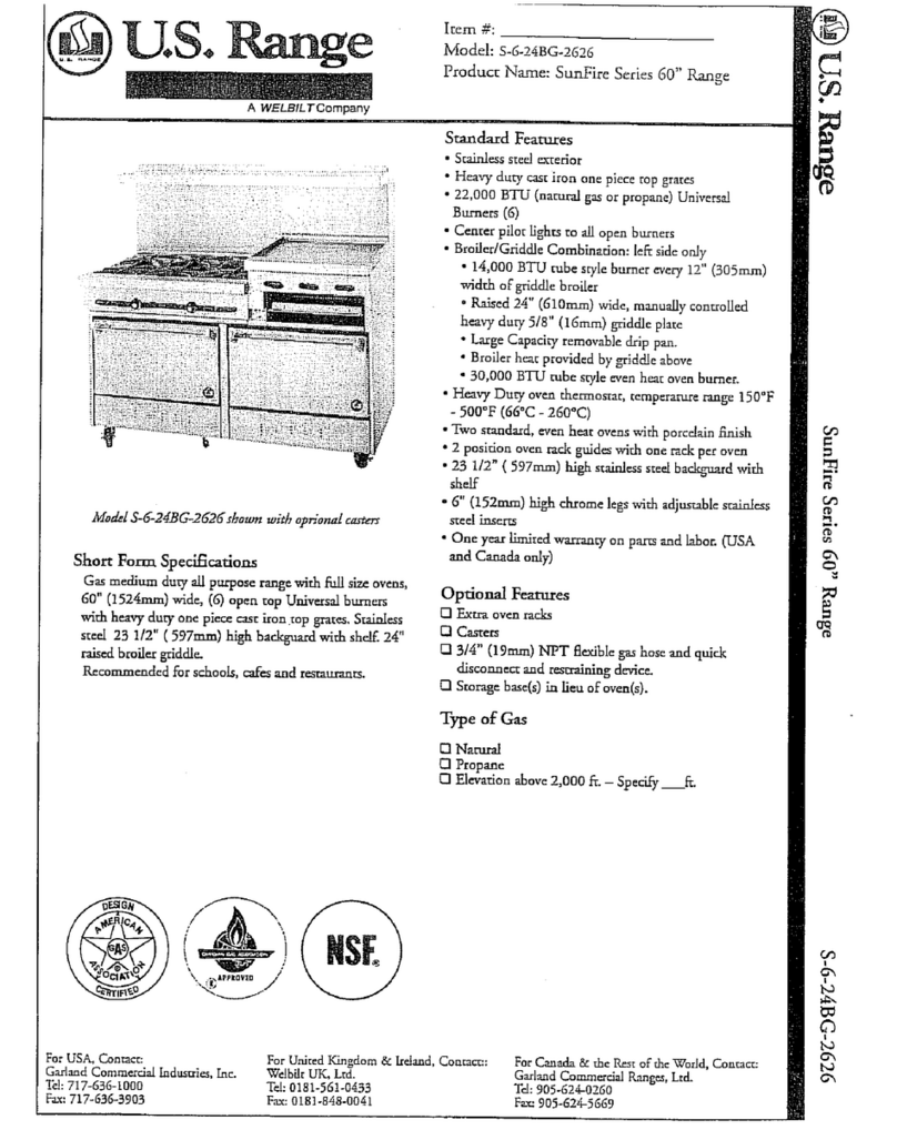 U.S. Range Sunfire S-6-24BG-2626 Specifications U.S. Range Sunfire S-6-24BG-2626 Specifications
