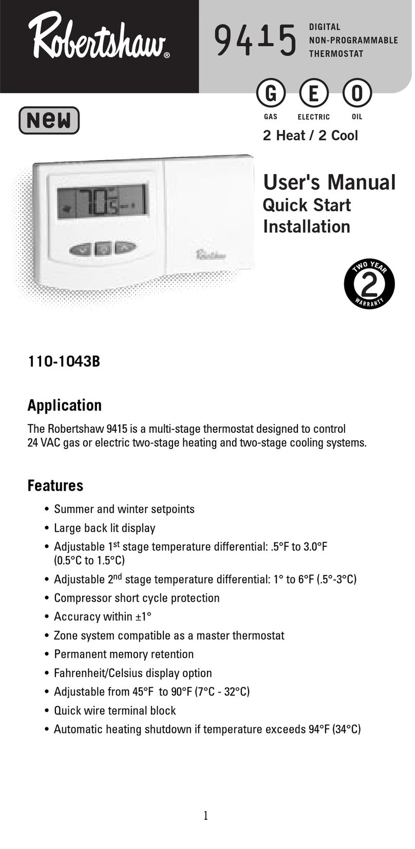 Robertshaw 9415 User manual
