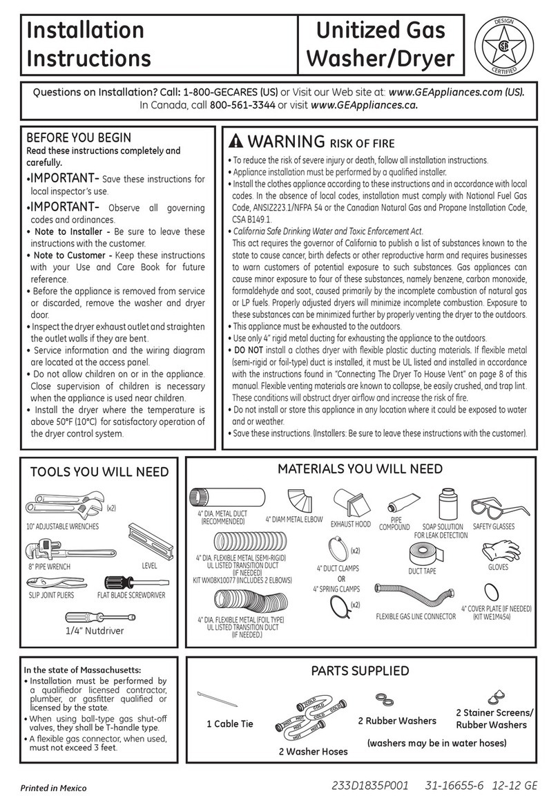 GE Unitized Electric Washer/Dryer User manual