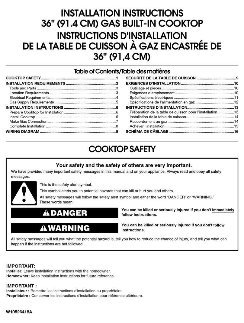 Whirlpool 36" (91.4 CM) GAS BUILT-IN COOKTOP installation instructions Whirlpool 36" (91.4 CM) GAS BUILT-IN COOKTOP installation instructions