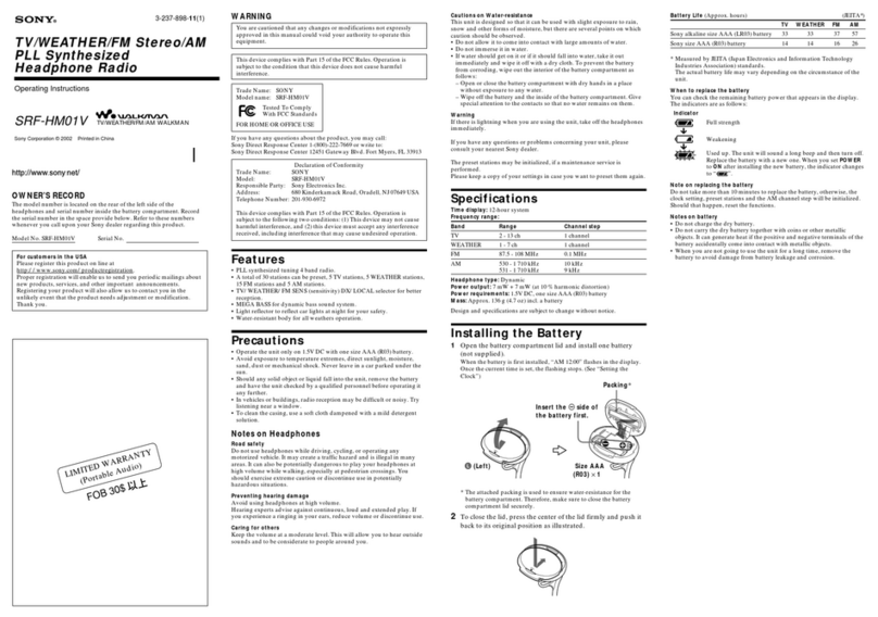 Sony S2 Sports Walkman SRF-HM01V User manual Sony S2 Sports Walkman SRF-HM01V User manual