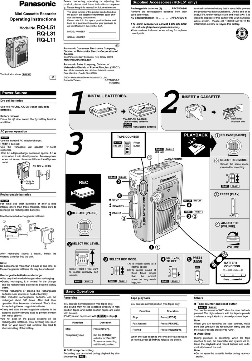 Panasonic RQ-L31 - Cassette Dictaphone operating instructions