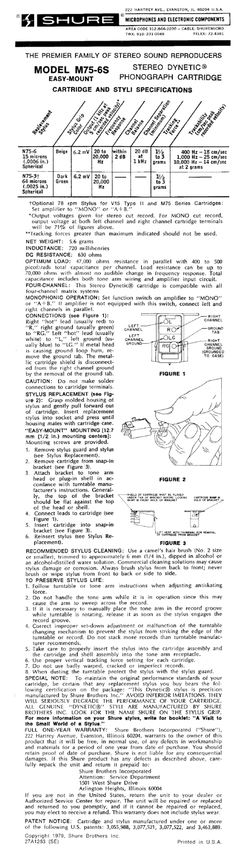 Shure M75-6S User manual