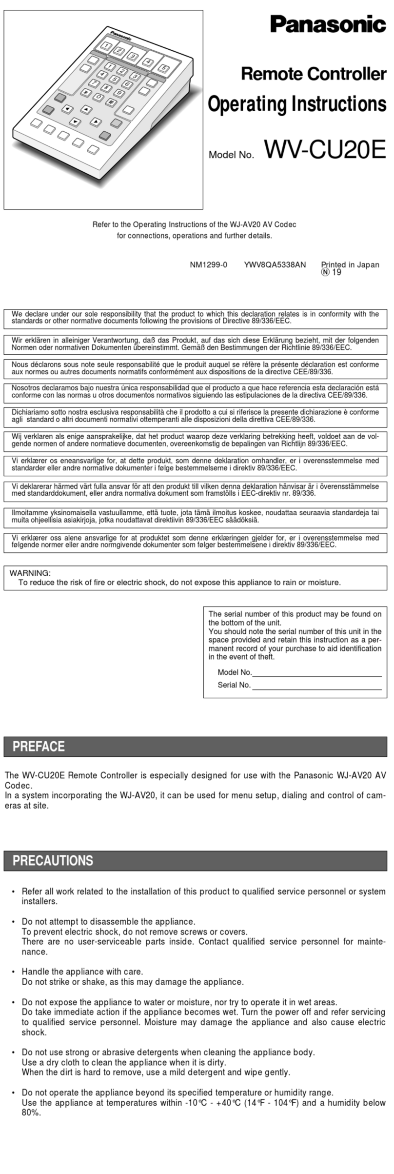 Panasonic WV-CU20E operating instructions Panasonic WV-CU20E operating instructions