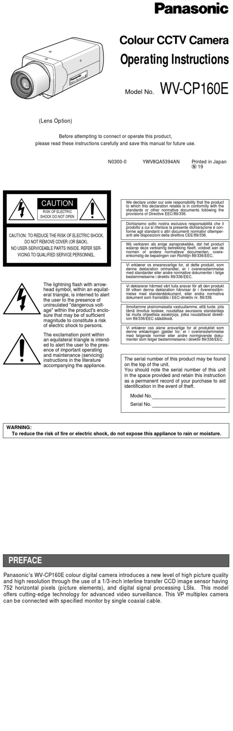 Panasonic WV-CP160E User manual