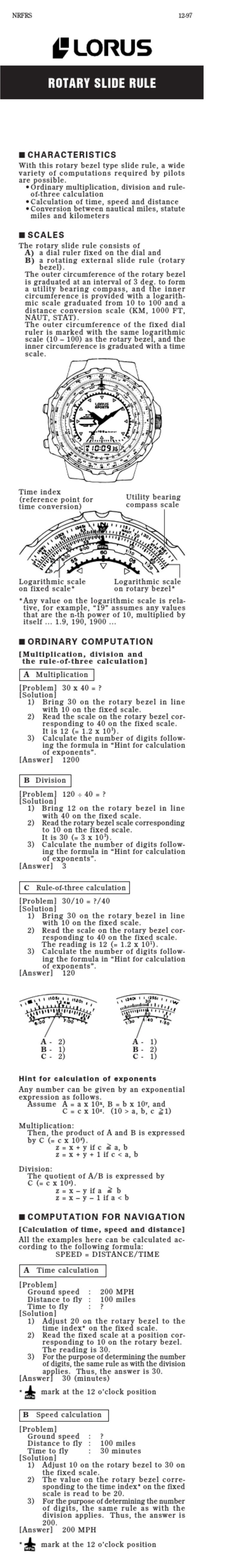LORUS ROTARY SLIDE RULE User manual