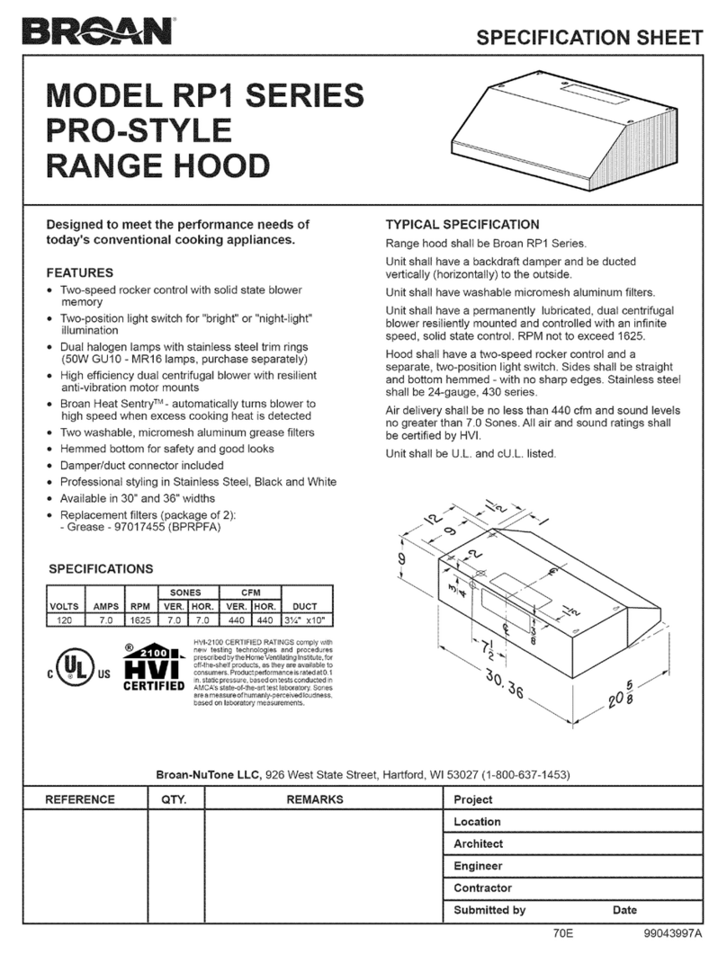 Broan Pro-Style RP1 Series Specification sheet