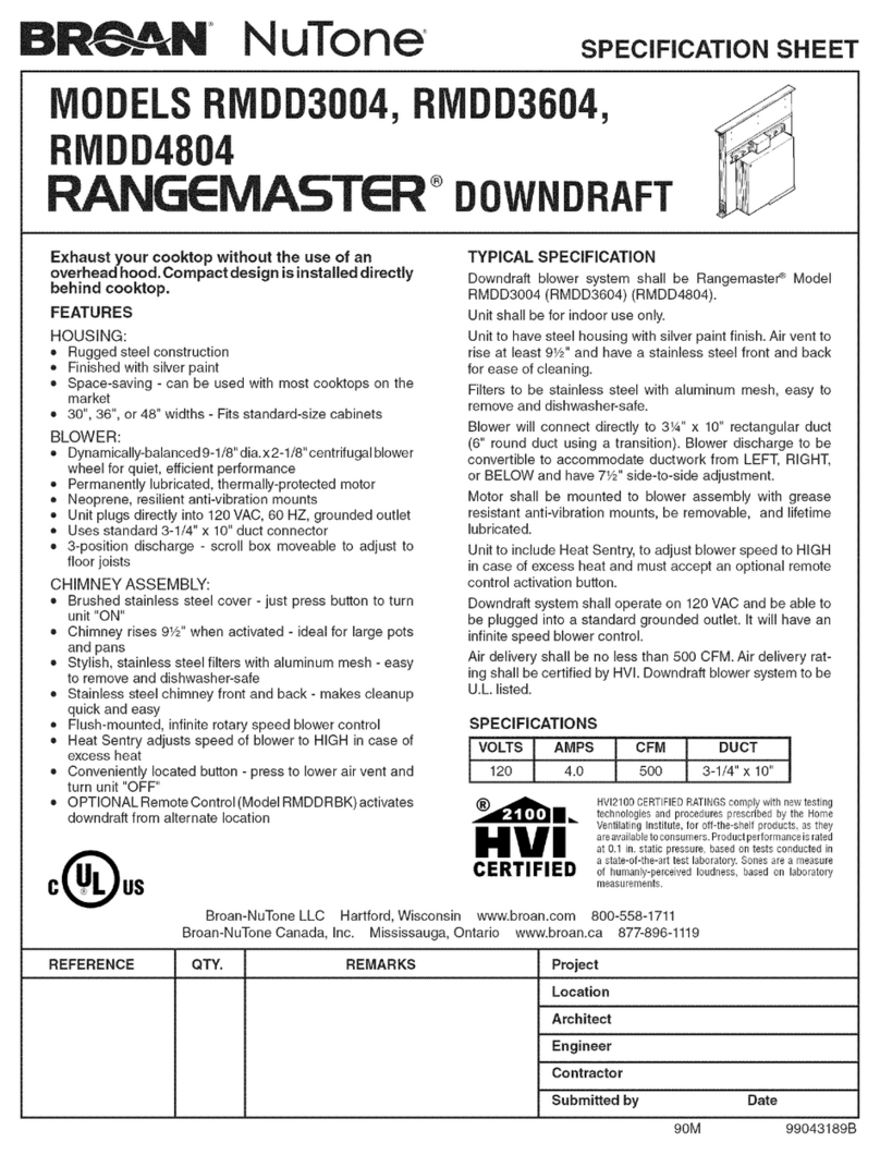 Broan NuTone RANGEMASTER SRIVIDD3O04 Specification sheet