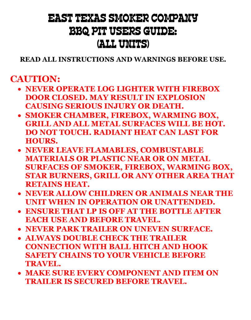 EAST TEXAS SMOKER COMPANY BBQ PIT User manual