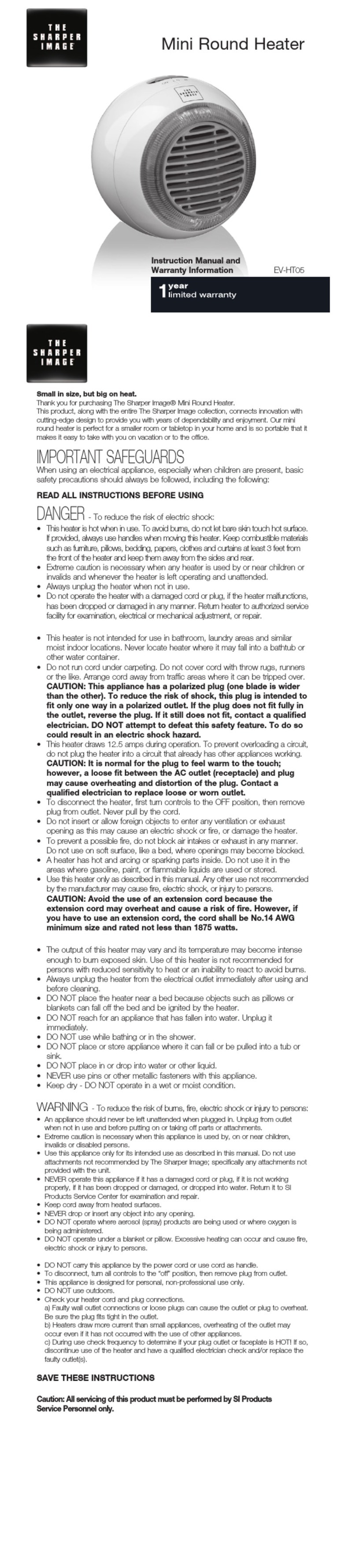 Sharper Image EV-HT05 Instruction manual and  warranty information