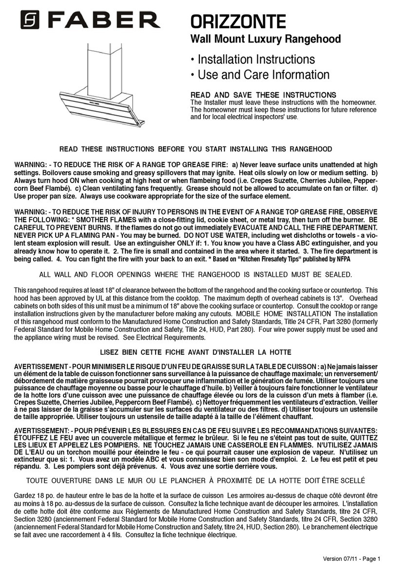 Faber ORIZZONTE Installation instructions; use and care information Faber ORIZZONTE Installation instructions; use and care information