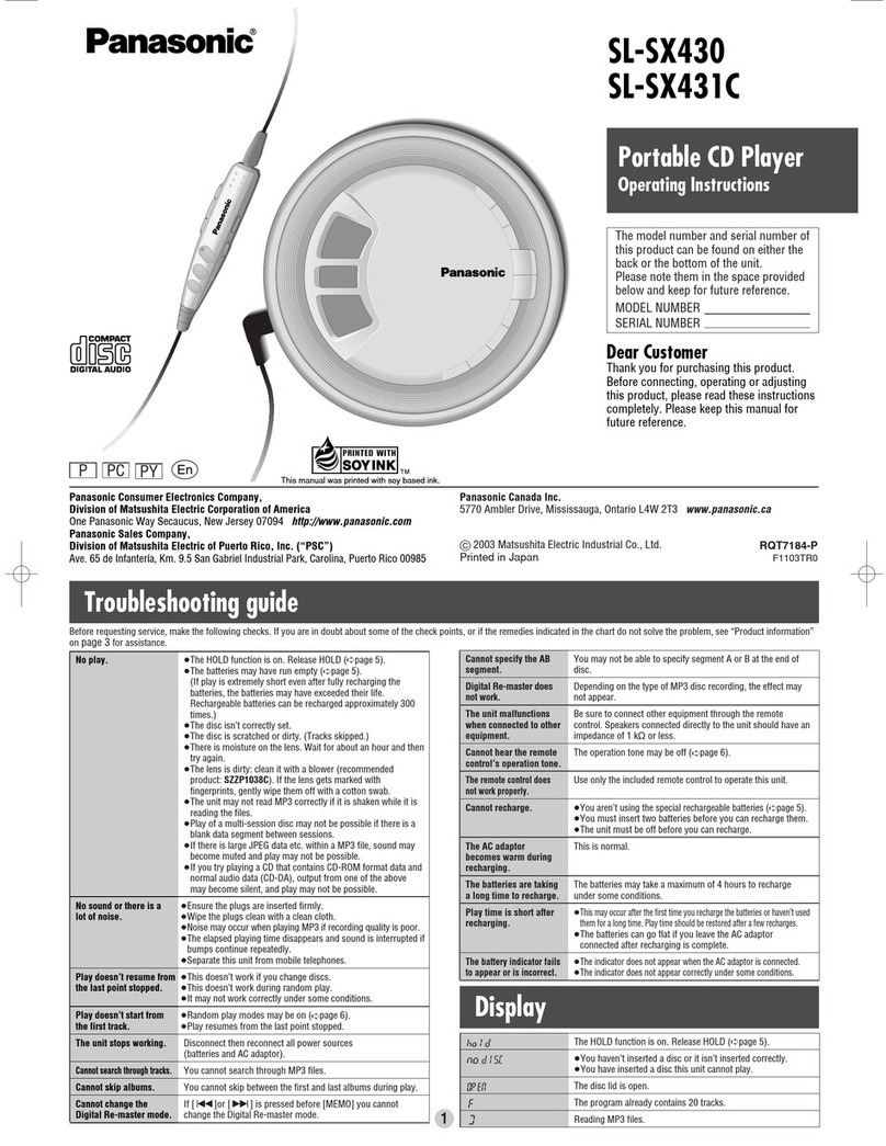 Panasonic SLSX430 - PORTABLE CD PLAYER operating instructions