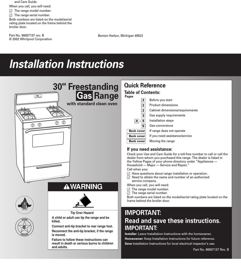 Whirlpool 30" Freestanding Gas Range with standard clean... User manual