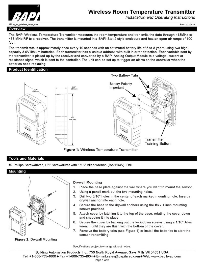 BAPI Wireless Room Temperature Transmitter Installation and operating instructions
