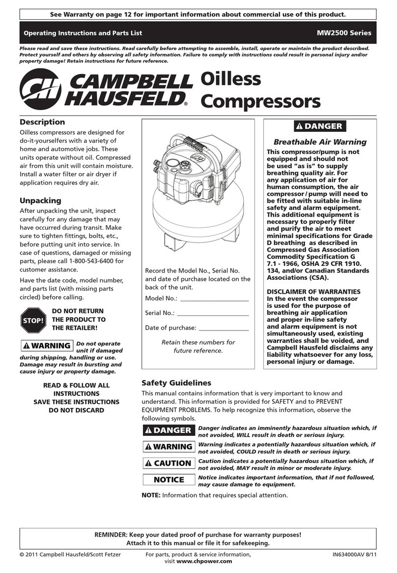 Campbell Hausfeld MW2500 Series Operating instructions & parts list