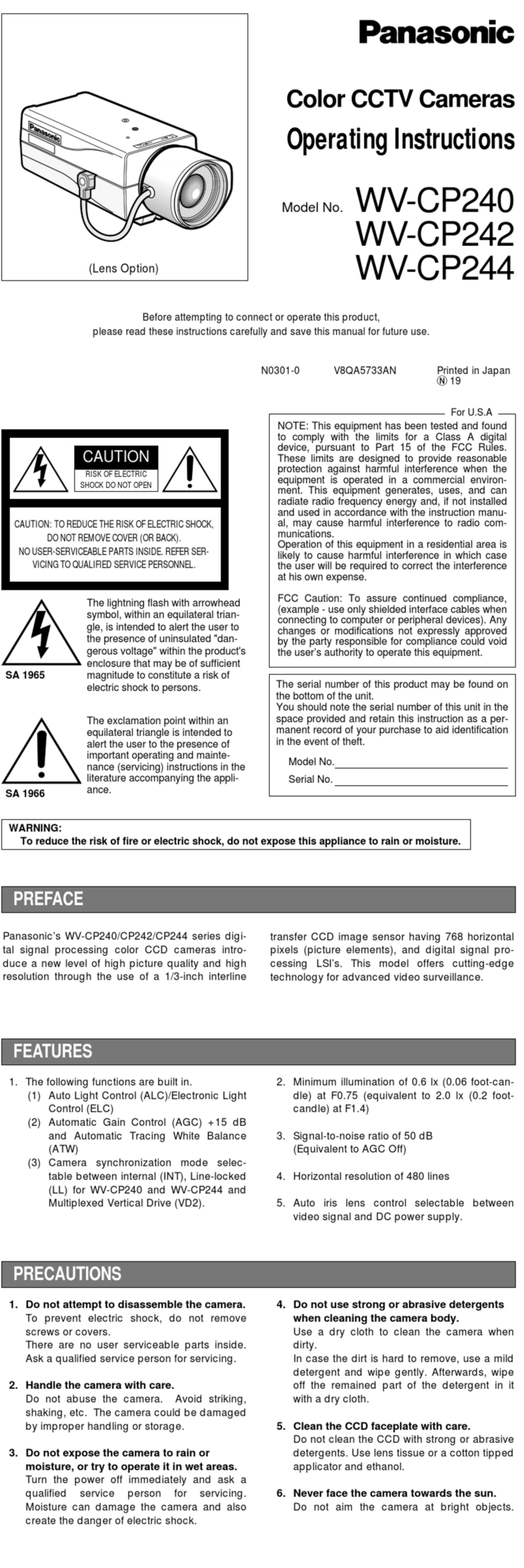 Panasonic WV-CP240 User manual