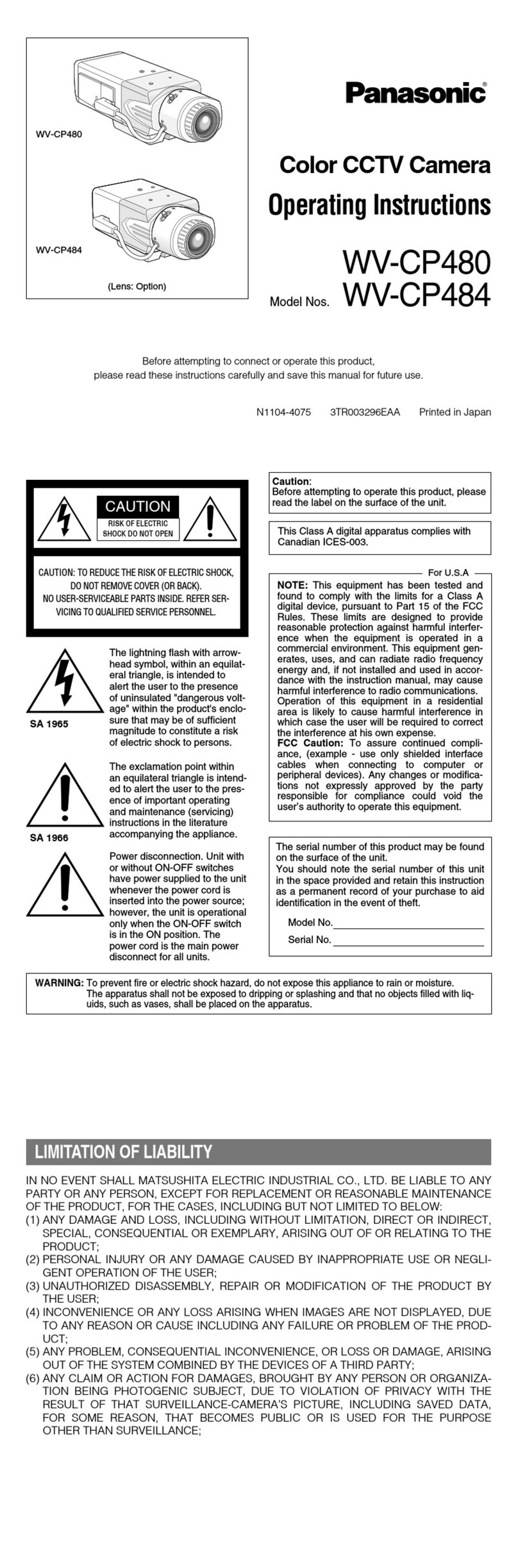 Panasonic Super Dynamic III WV-CP480 User manual