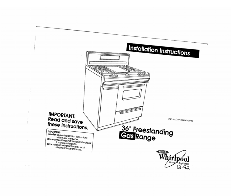 Whirlpool 36'' Freestanding Gas Range User manual