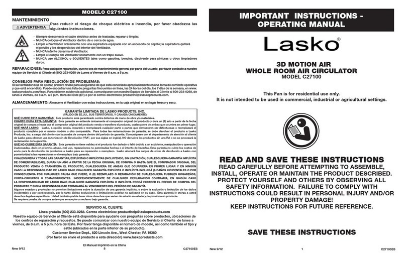 Lasko C27100 Important instructions & operating manual