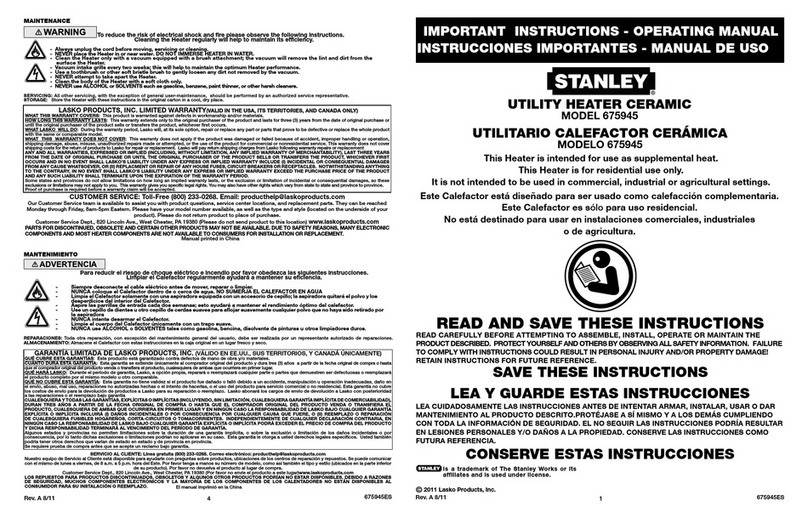 Lasko Stanley 675945 Important instructions & operating manual