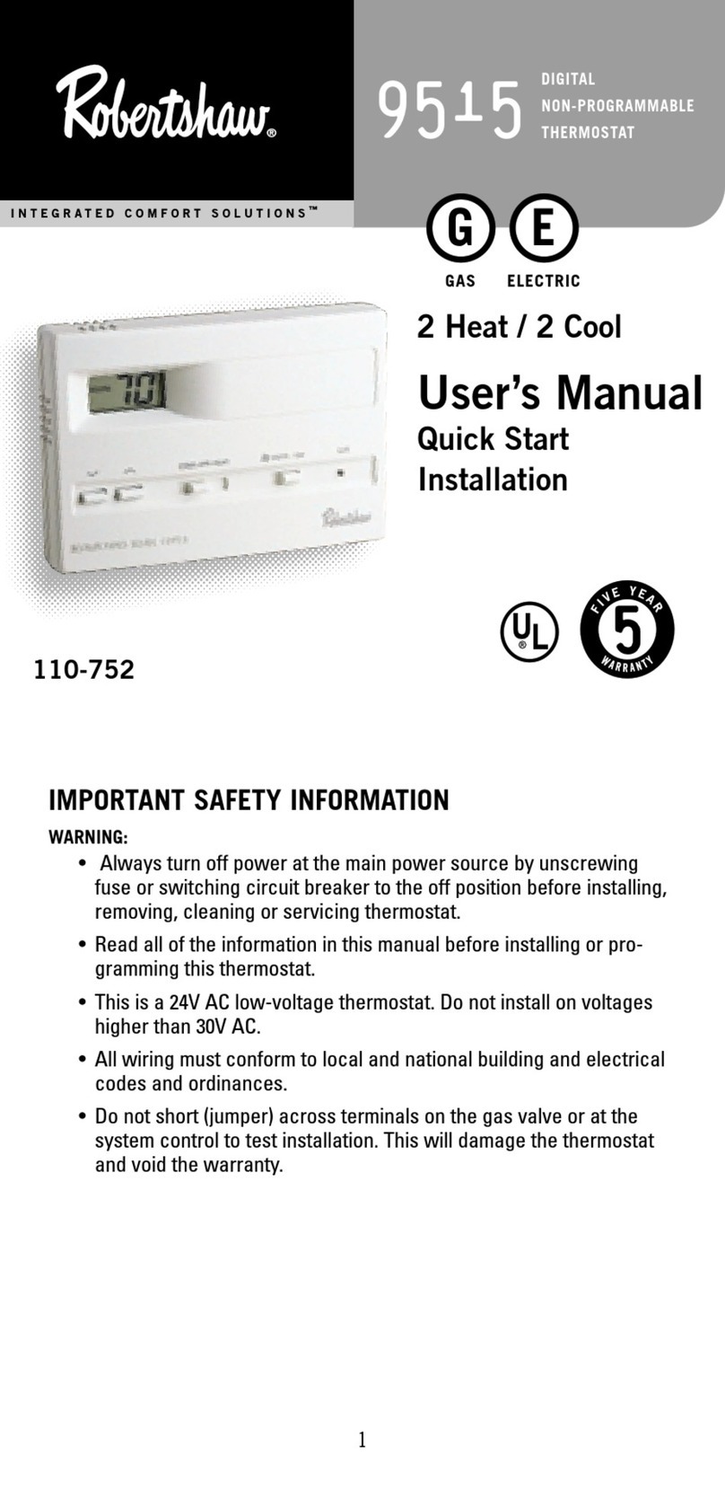 Robertshaw 9515 User manual