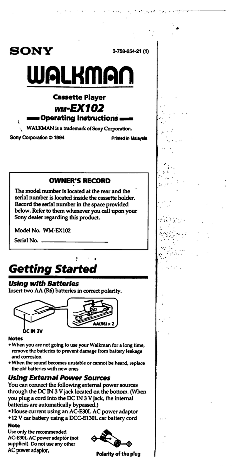 Sony WalkMan WM-EX102 User manual