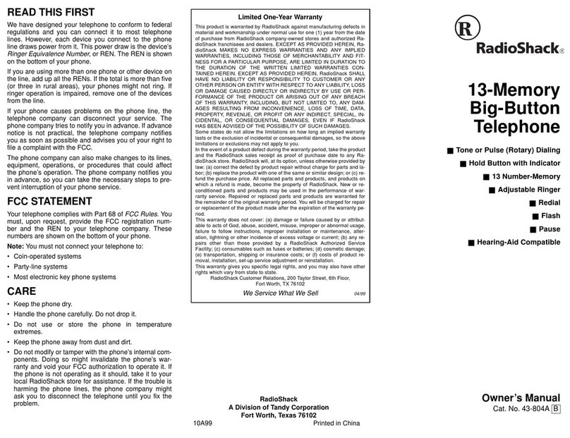 Radio Shack 13-Memory Big-Button Telephone owner's manual