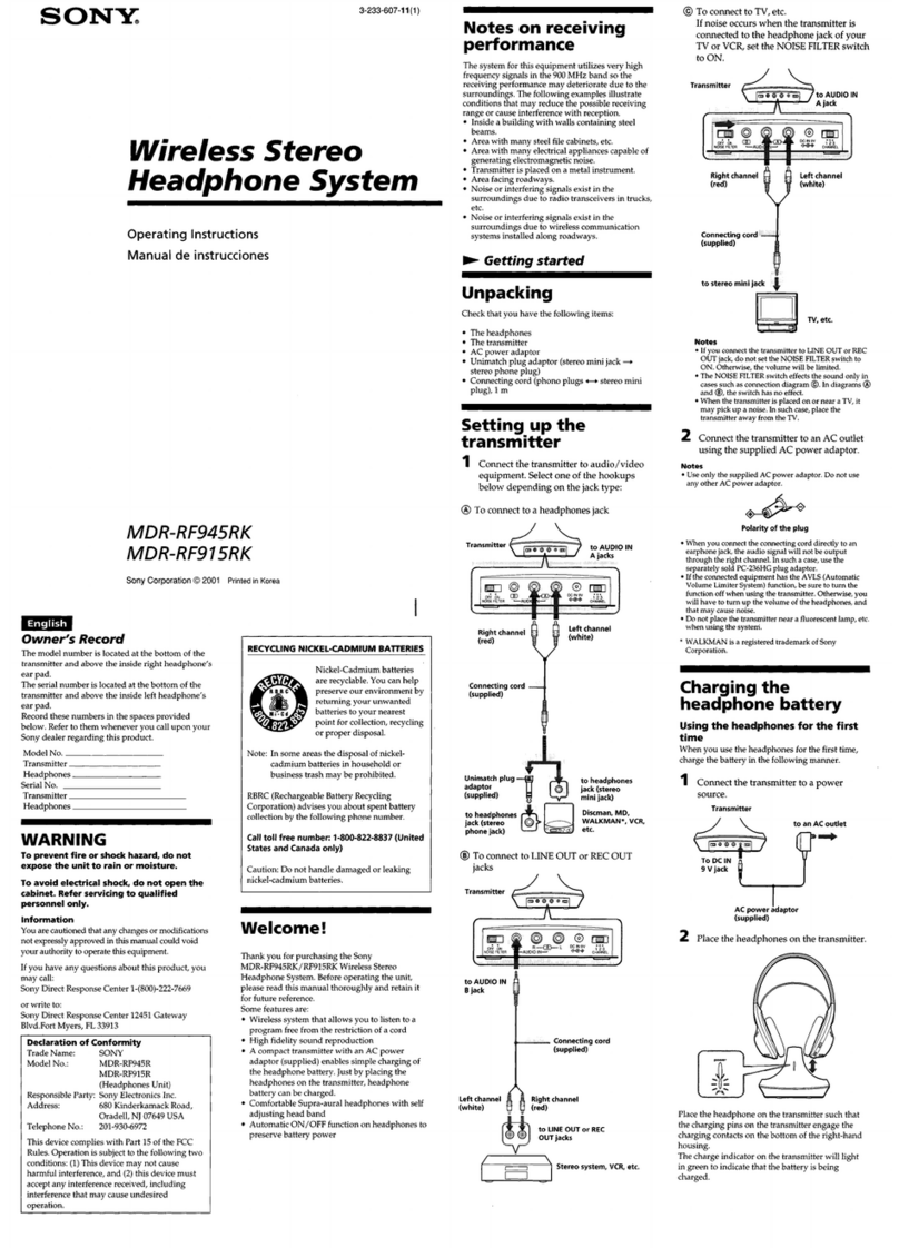 Sony MDR-RF945RK operating instructions